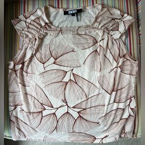 DKNY Women's Top with Cream and Brown Leaf Design
